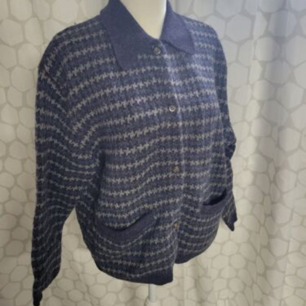 Vintage 90s Eddie Bauer Womens Medium Wool Knit Houndstooth Cardigan Sweater